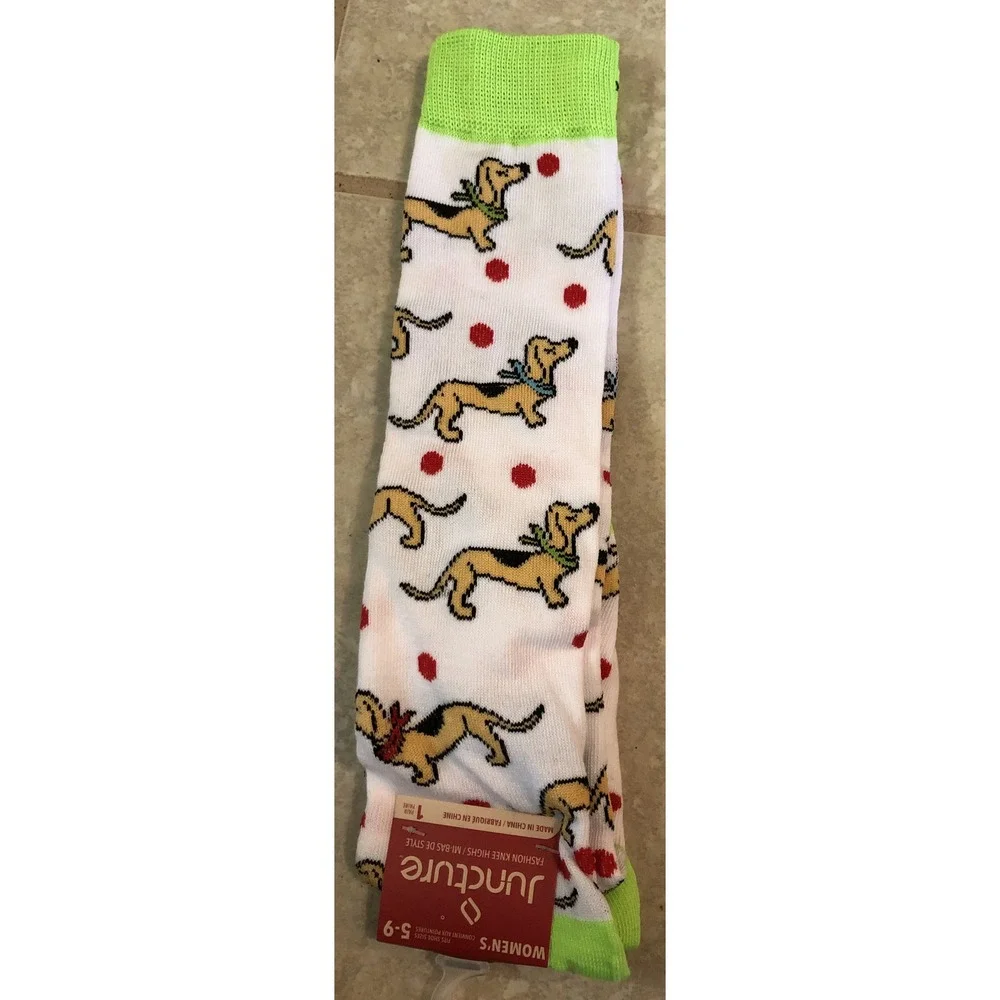 Juncture Women 5-9 Knee High Socks White Dachshund Dog Polka Dot Lime Green NEW